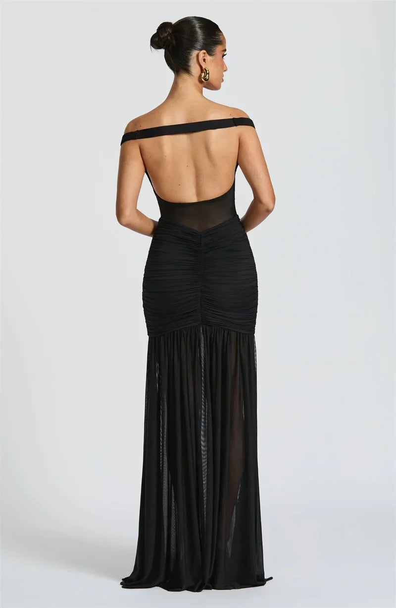 Elegant Mesh Ruched Maxi Dress