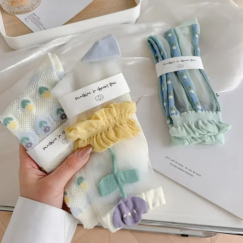 Retro Transparent Crystal Silk Crew School Socks