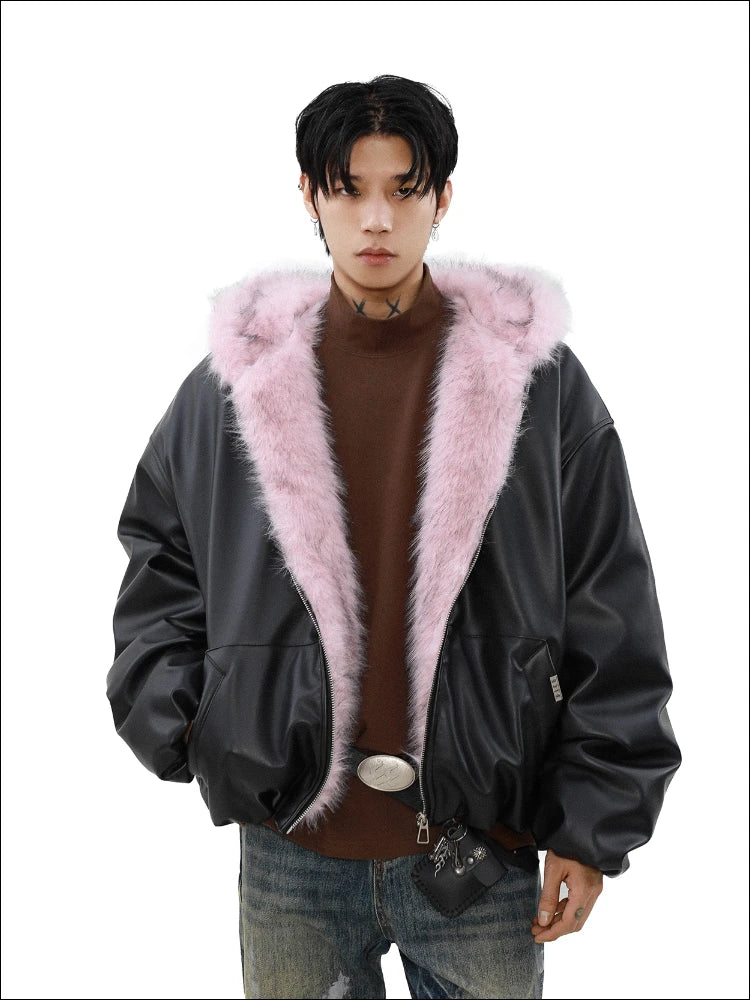 Streetwear Chic Plush Padded Parka Leather Jacket