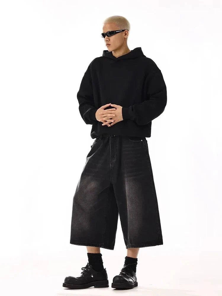 Men Black Wide Leg Cleanfit Denim Jorts