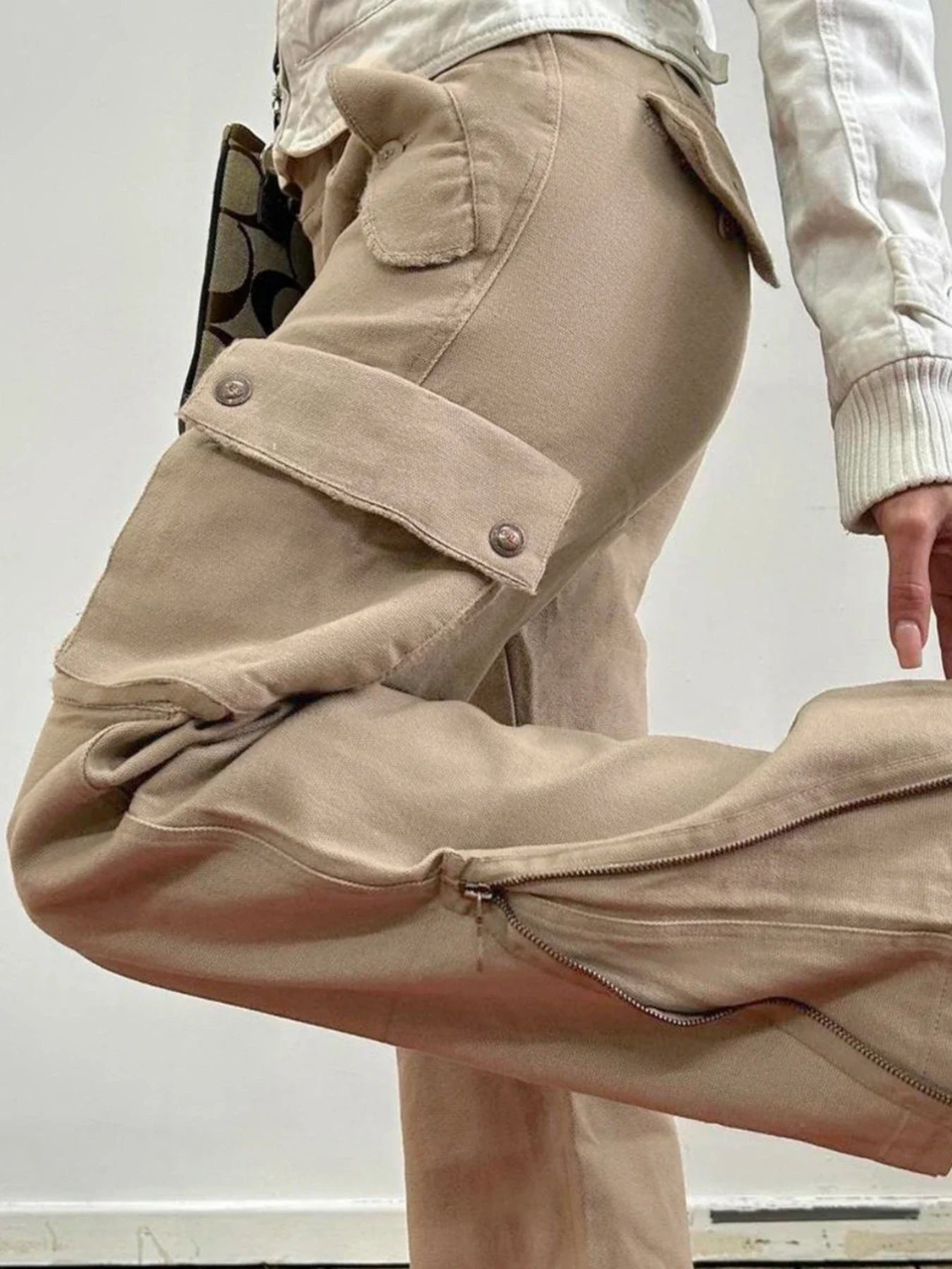 Vintage Khaki Flared Patchwork Denim Jeans