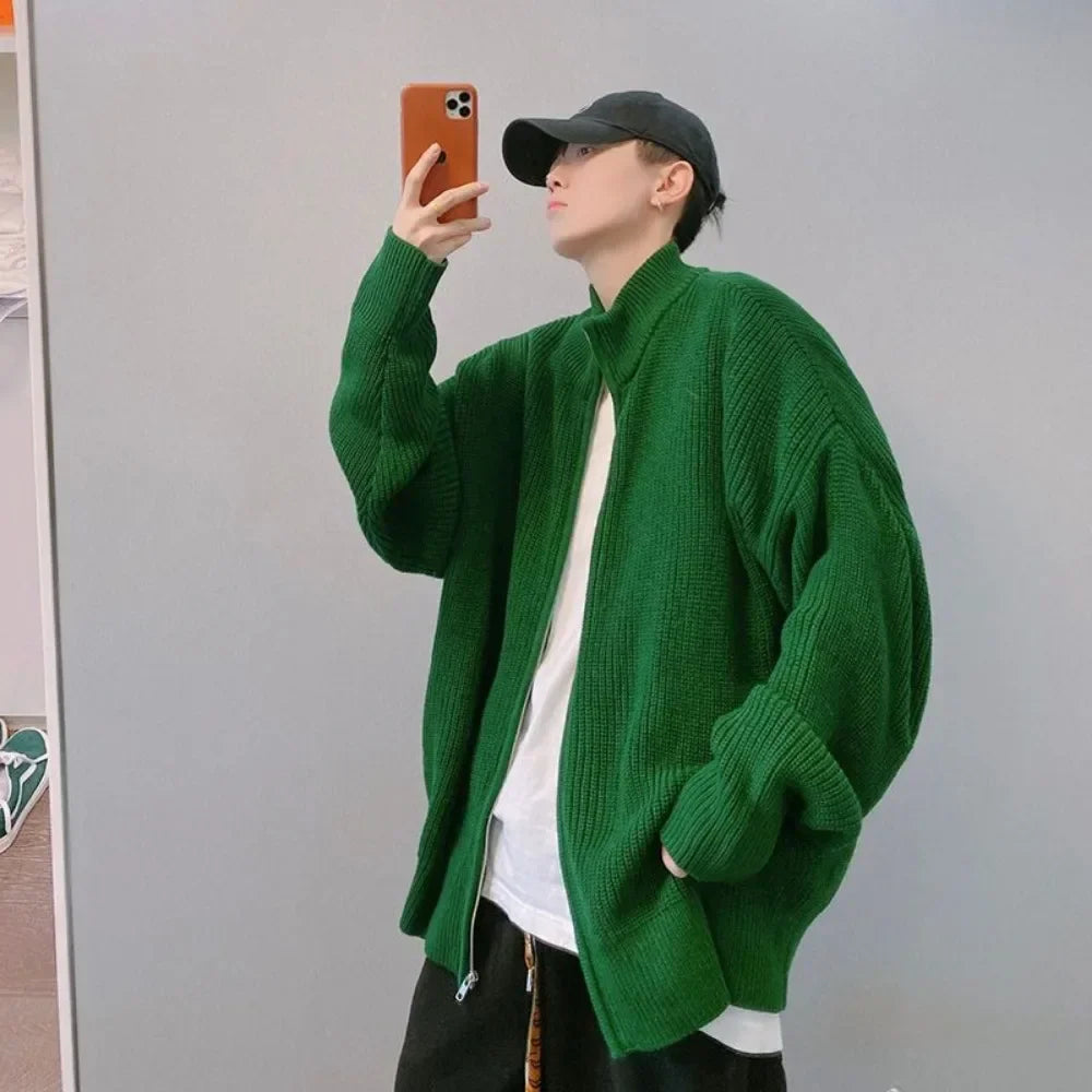 Y2K Green Knit Collared Zip-Up Sweater