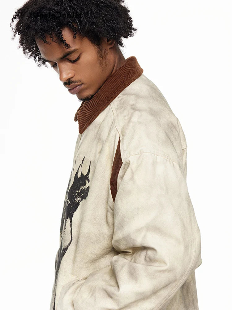 Cozy Distressed Dog Head Graffiti Lapel Jacket