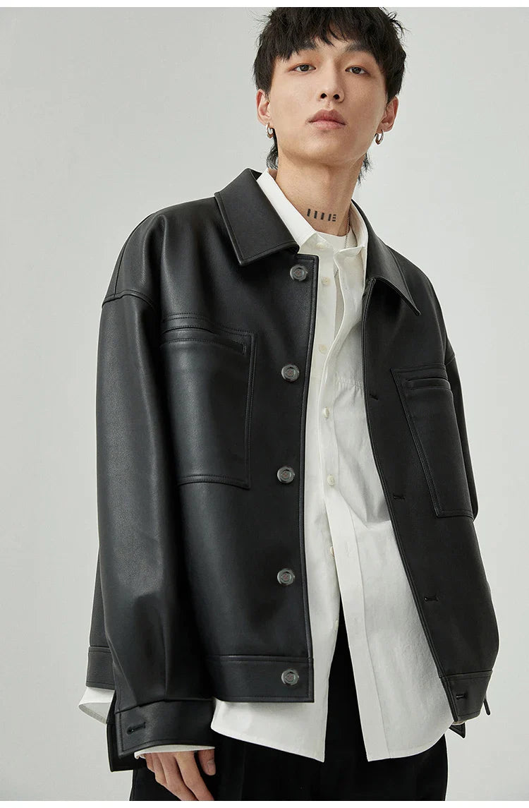 Brown And Black Oversized Faux Leather Jacket