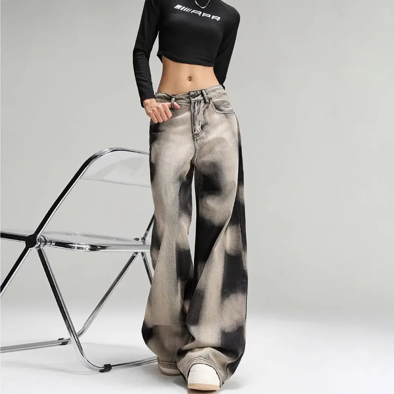 Women Vintage Grey Tie Dye Baggy Jeans