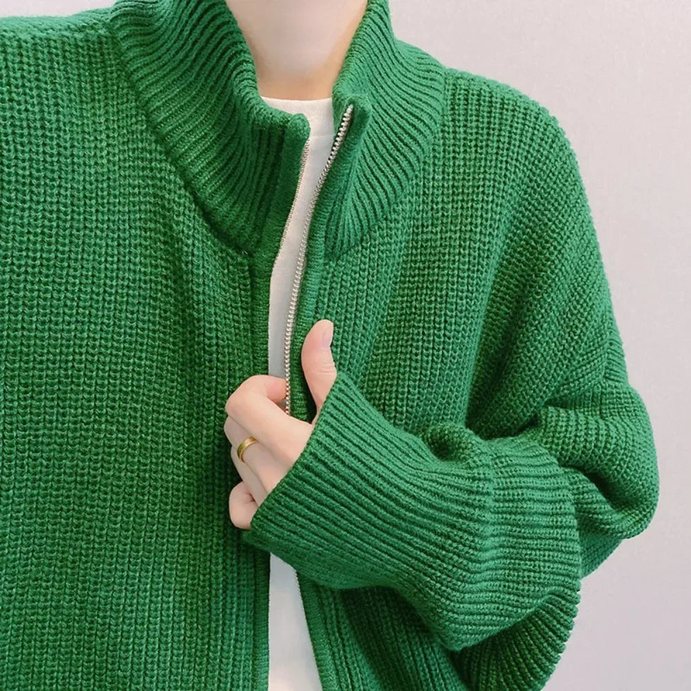 Y2K Green Knit Collared Zip-Up Sweater