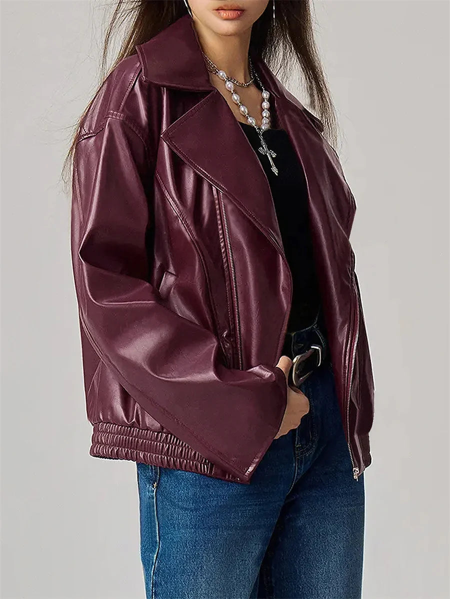 Burgundy Stylish Faux Zip-Up Leather Jacket