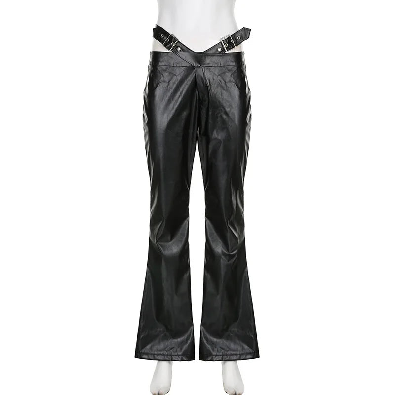 Gothic High Waist Metal Belt Leather Pants