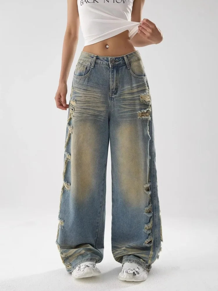 Vintage Distressed Blue Stacked Wide Jeans