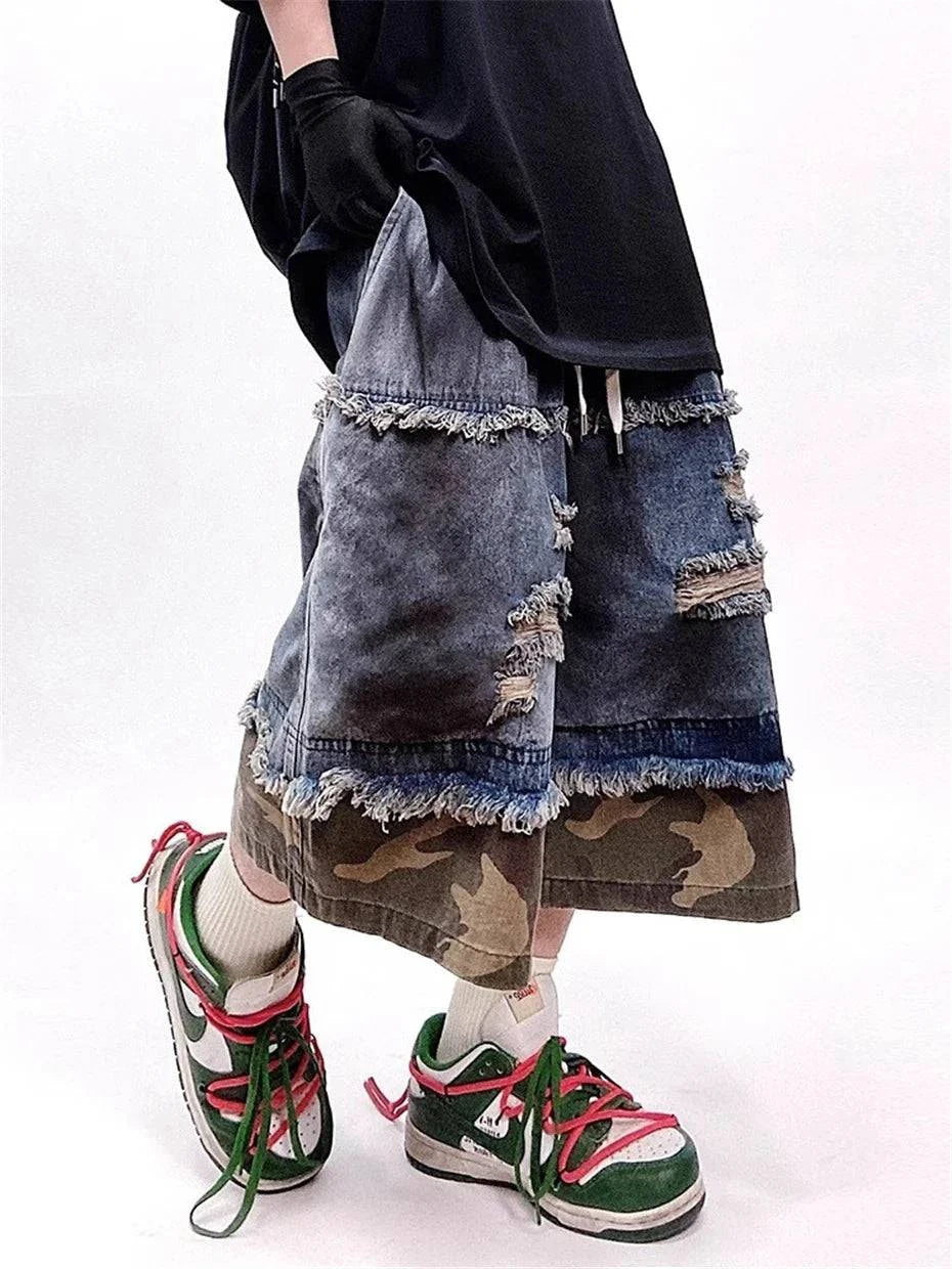 Retro Camouflage Splicing Denim Jorts
