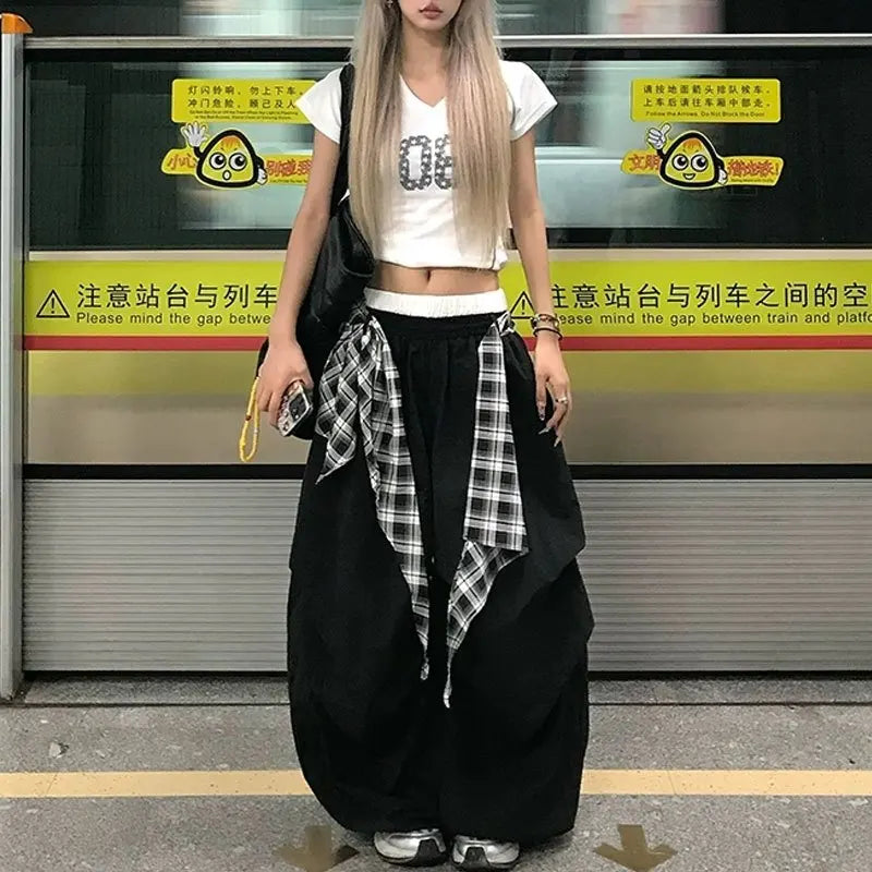 Black Plaid Wide Cargo Pants