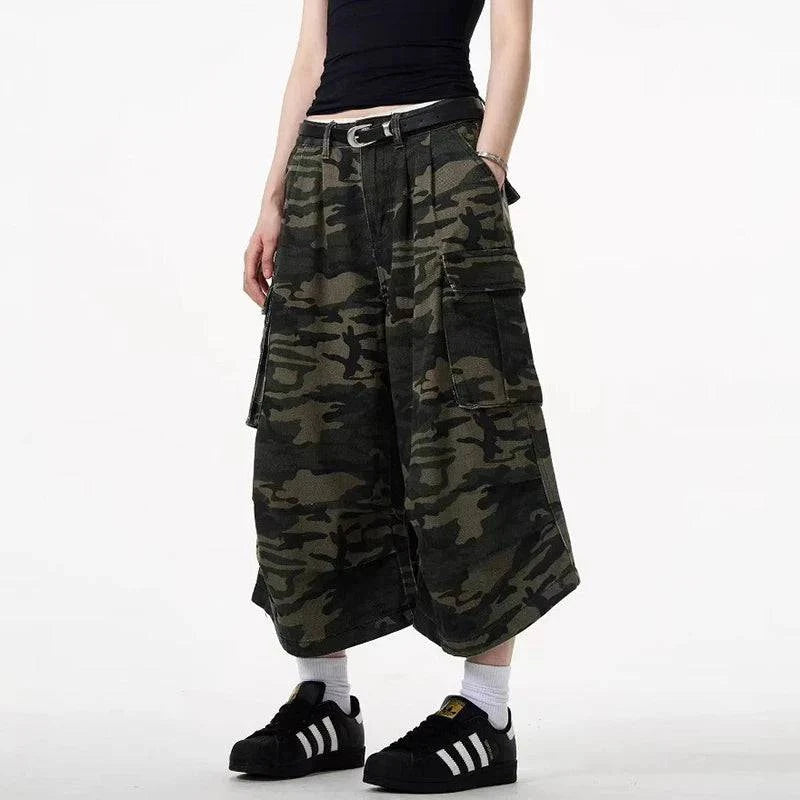 Jorts en jean à jambe large camouflage