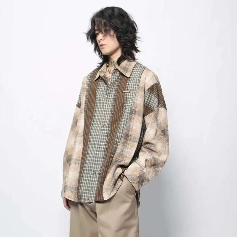 Men Flattering Colorblock Plaid Long Sleeved Shirt