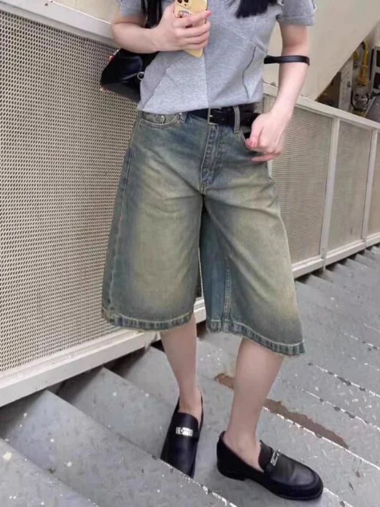 Pantaloncini di jeans da donna a vita alta, stile streetwear