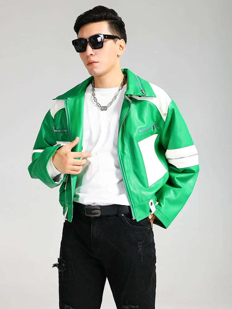 Cool Green Block Pu Leather Jacket