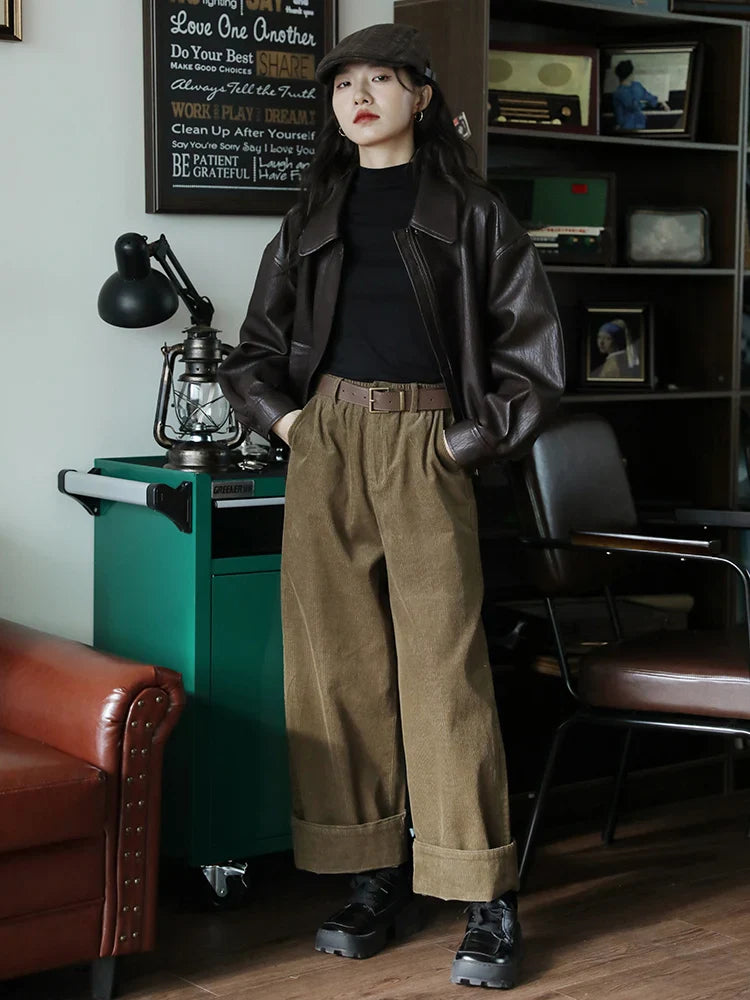 Classic Brown Handsome Short PU Leather Jacket