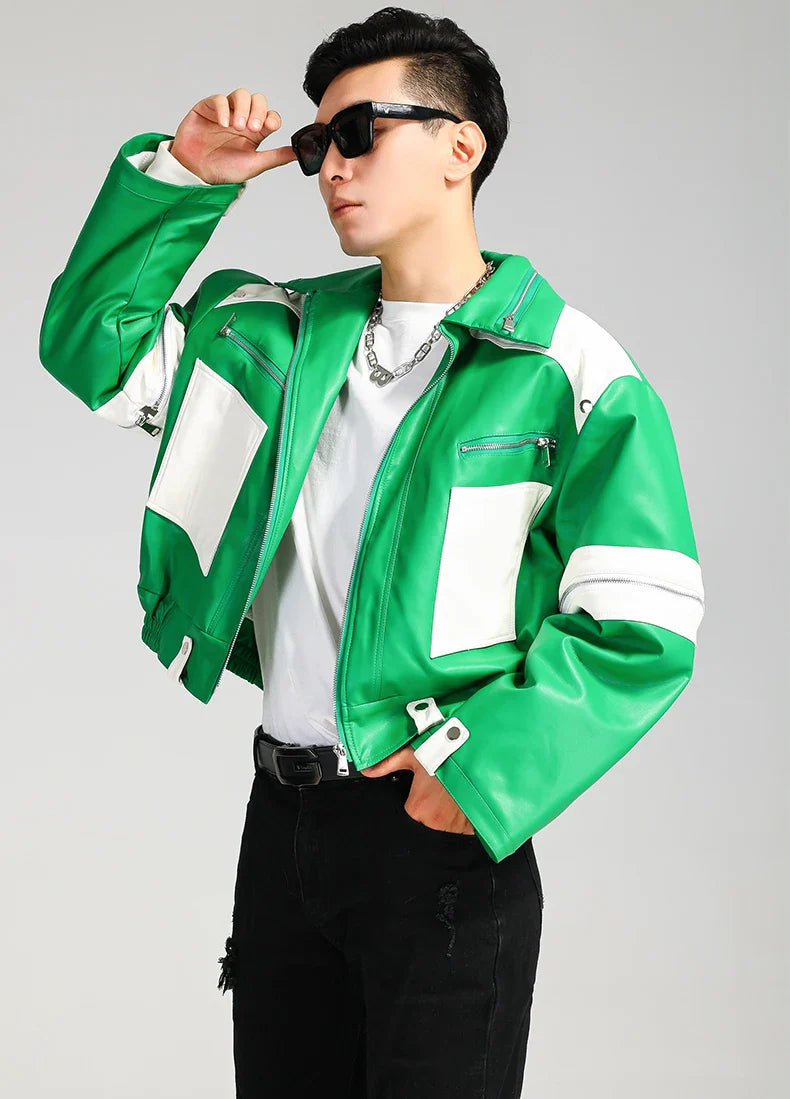 Cool Green Block Pu Leather Jacket