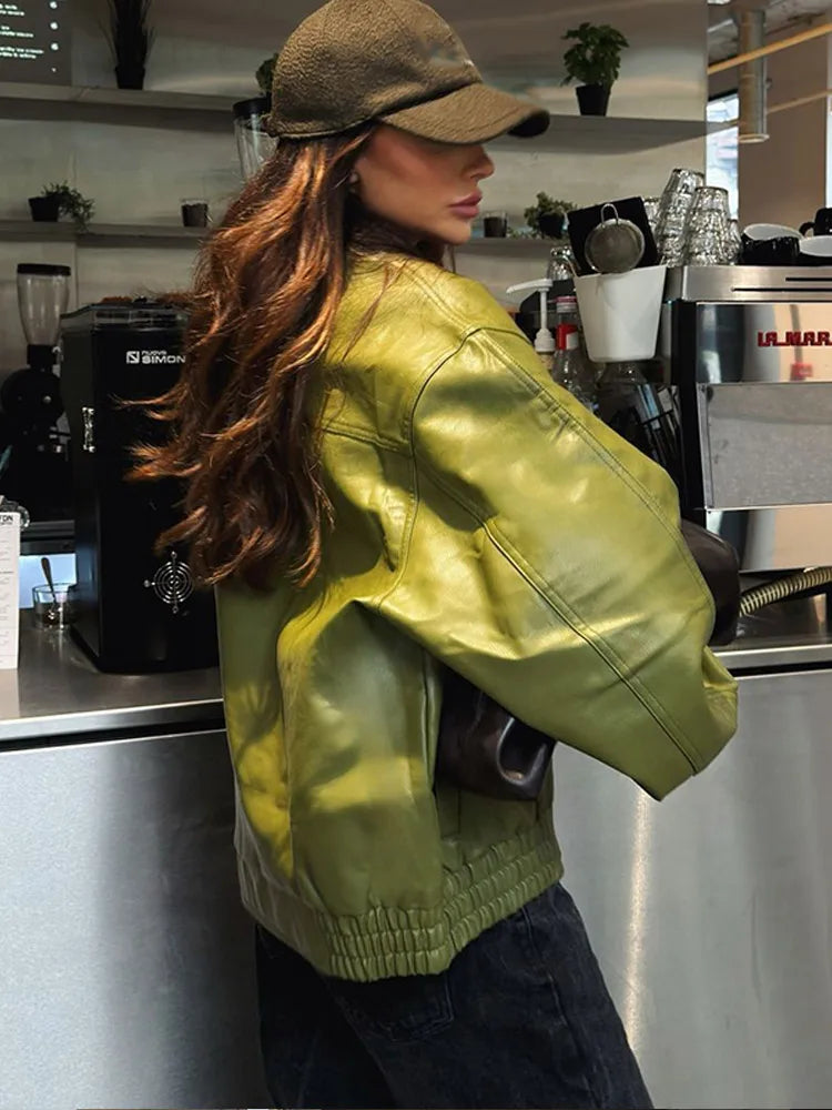 Veste en cuir PU verte décontractée chic à col à revers pour femme