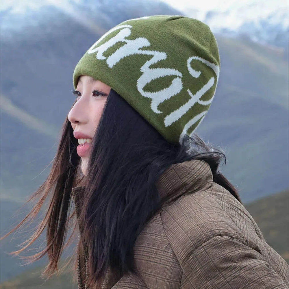 Black Wool Jacquard Letter Beanie Hat
