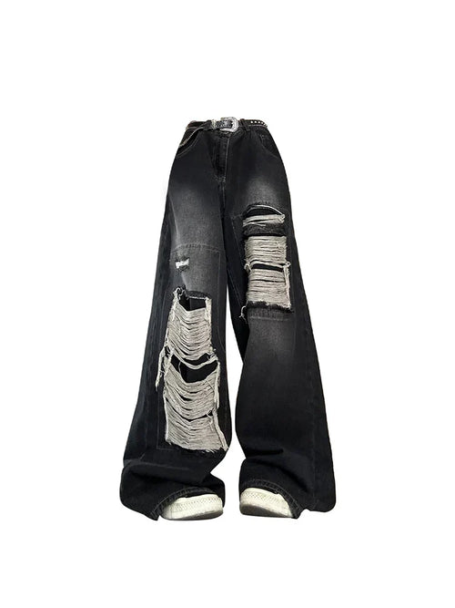 Calça Jeans Feminina Rasgada Estilo Gótico Y2K - Preto / S
