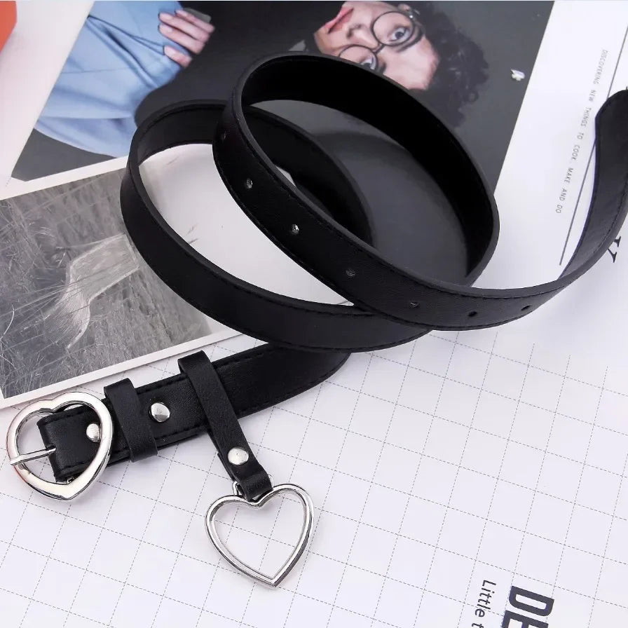 Heart Buckle Leather Black Belt