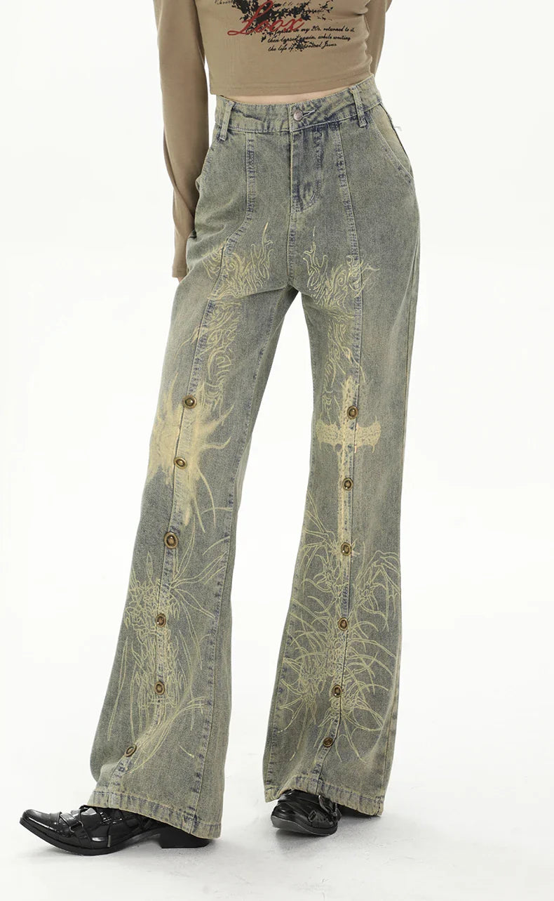 Women Vintage High Waist Streetwear Wide Leg Jeans