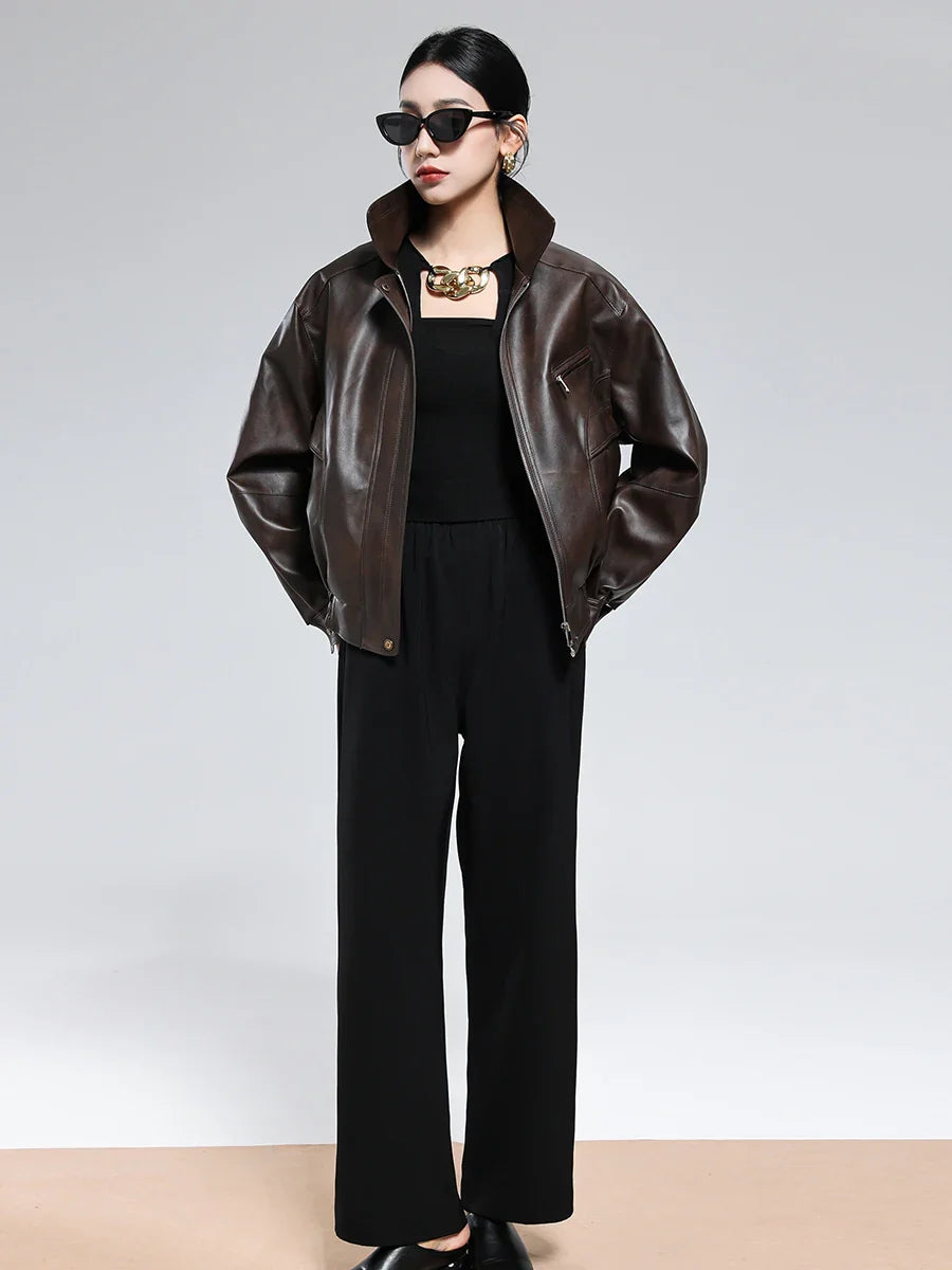 Casual Luxury Distressed Brown PU Leather Jacket
