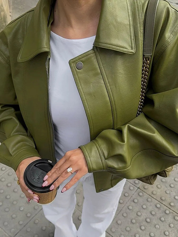 Veste en cuir PU verte décontractée chic à col à revers pour femme