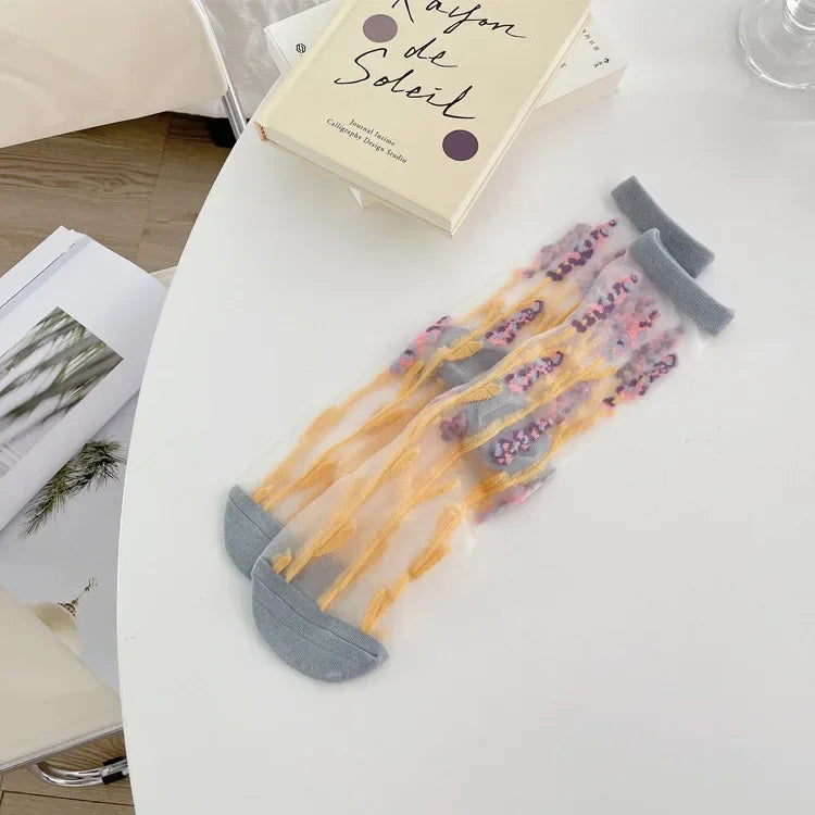 Silk Floral Summer School Socks Mid Tube