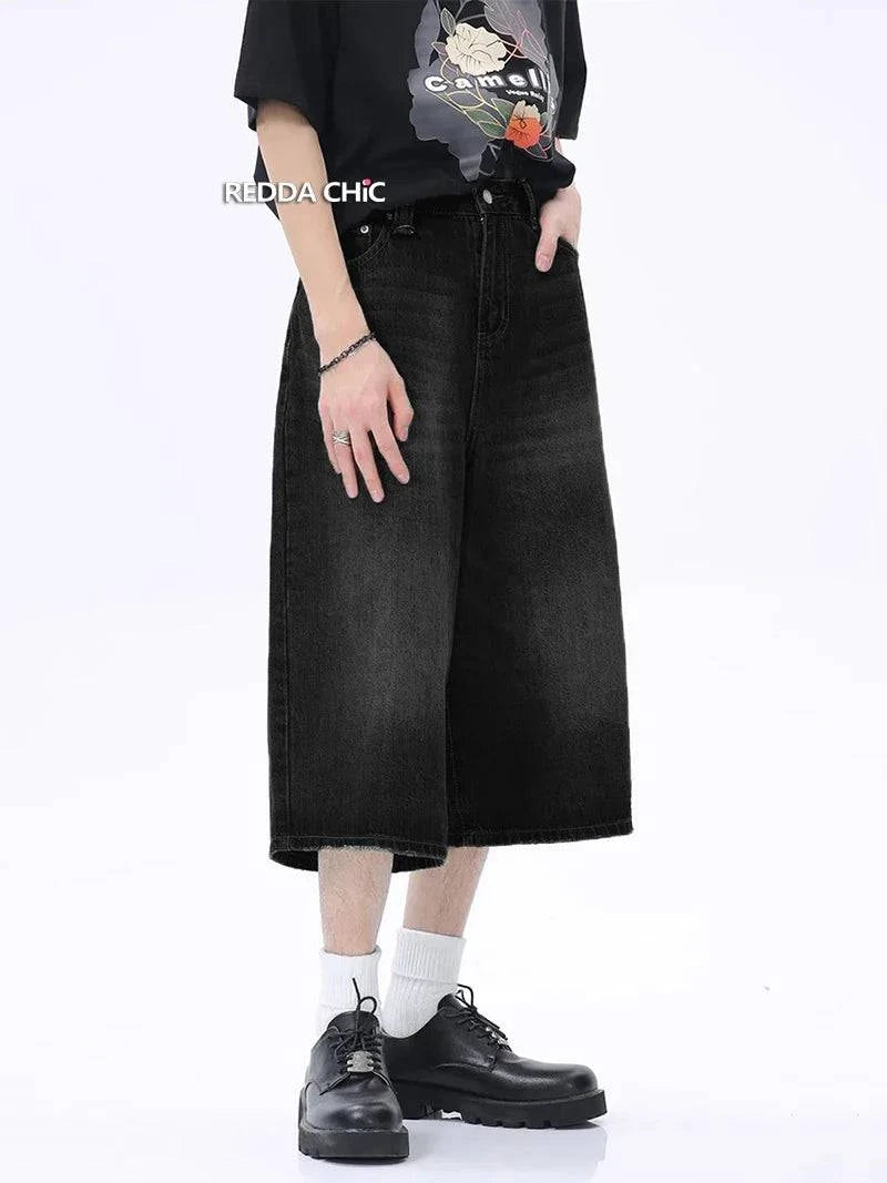 Black Retro Distressed Whiskers Denim Jorts
