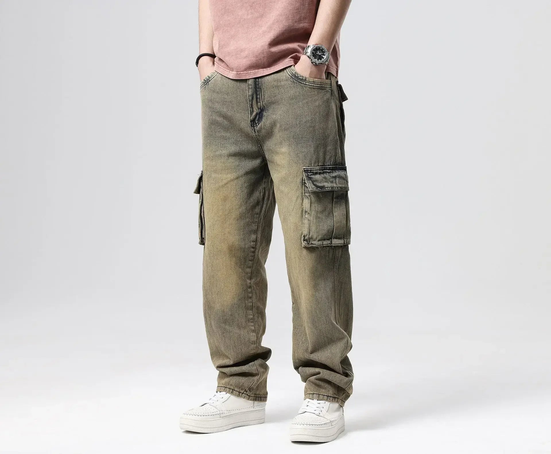 Jean droit baggy taille haute effet usé