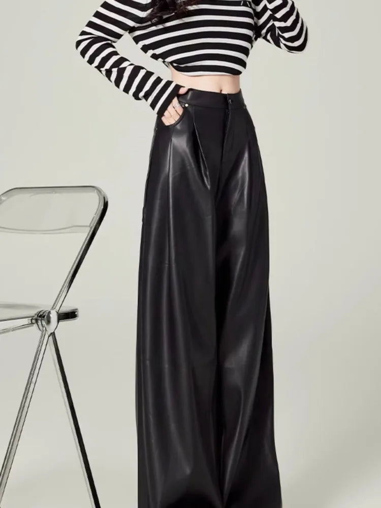 Stylish High Waist Drape Leather Pants