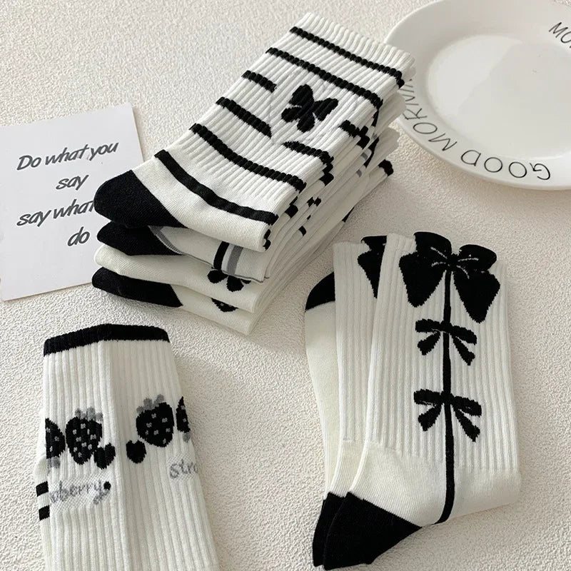 Stylish Black White Strawberry Long Socks