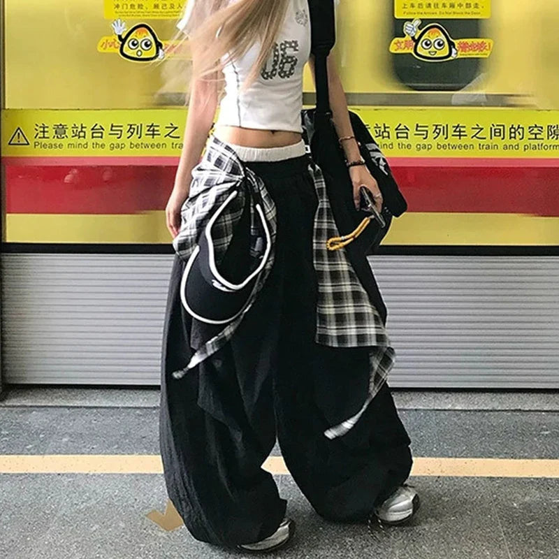 Black Plaid Wide Cargo Pants
