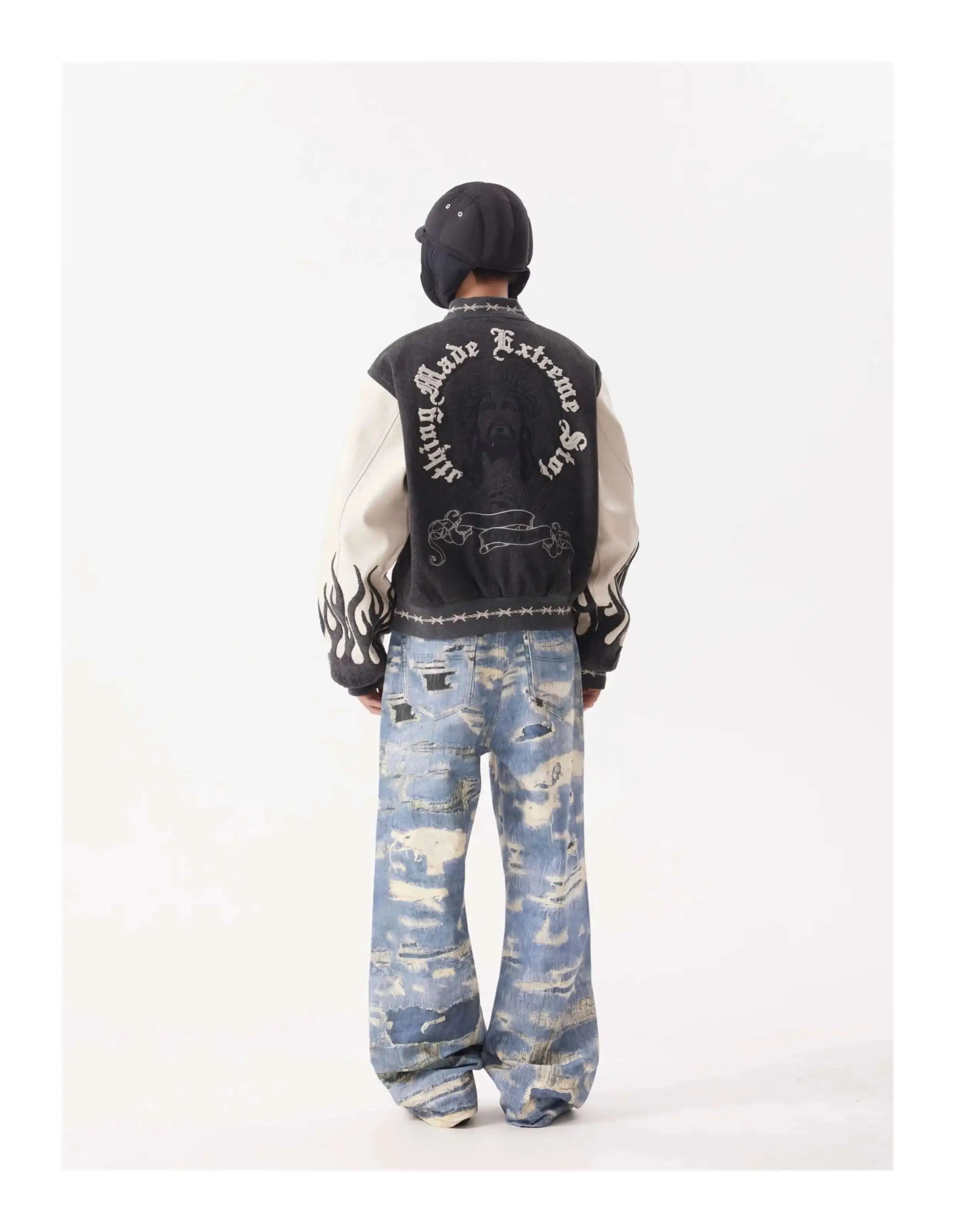 Flame Mixed Knit Embroidery Colorblock Jacket