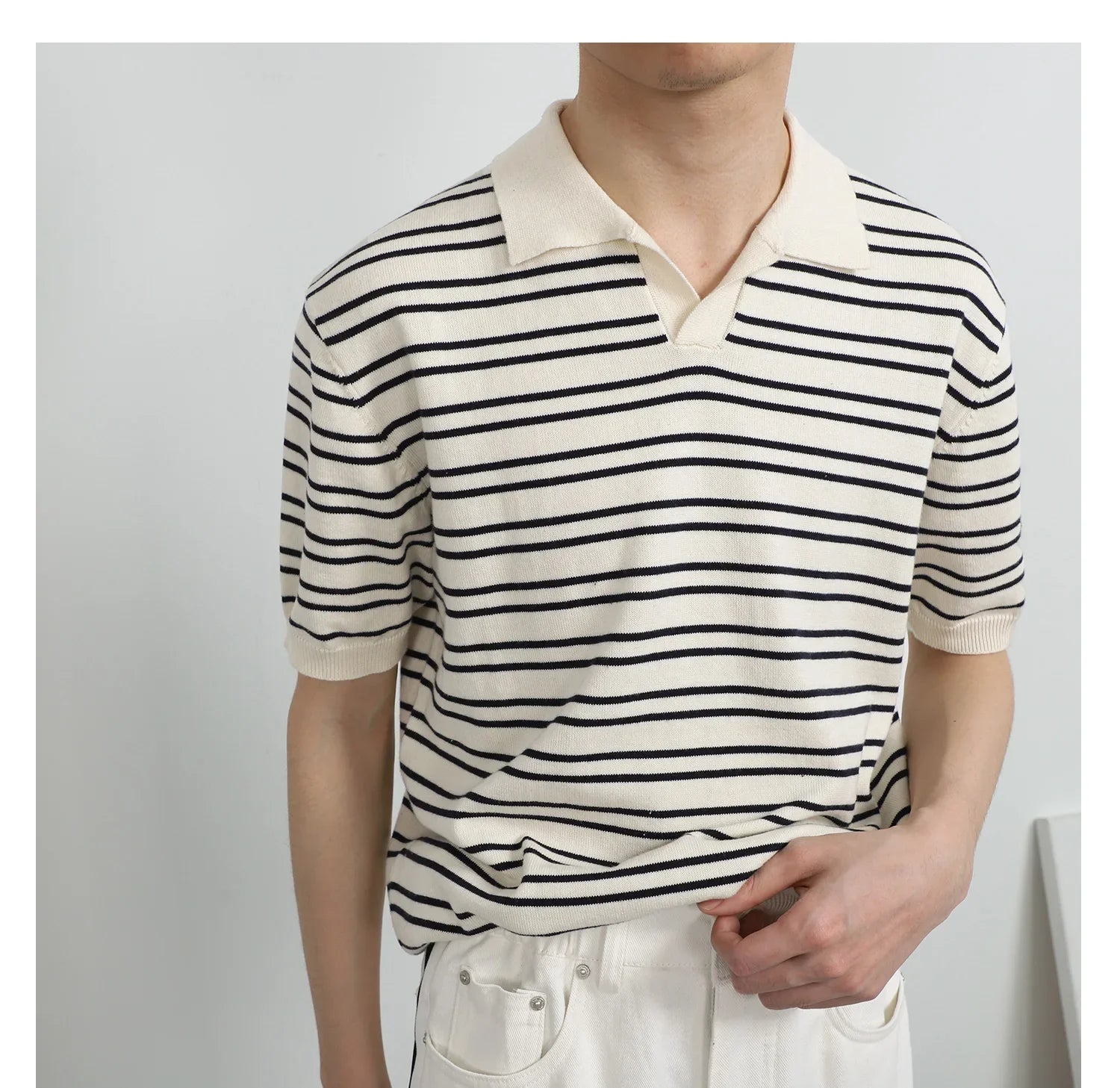 Herren Komfort Luxus Gestricktes Gestreiftes Polo-T-Shirt