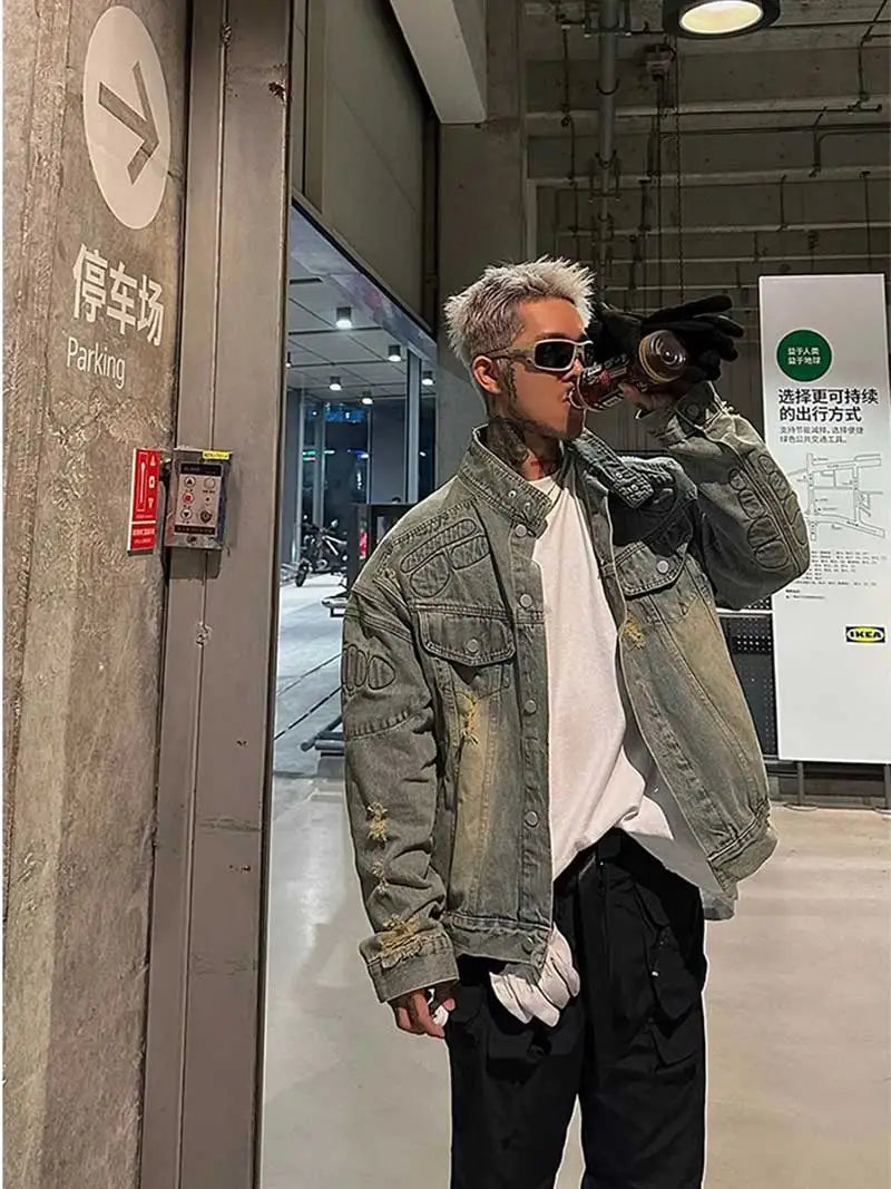 Lightweight Retro Distressed Padded Denim Jacket