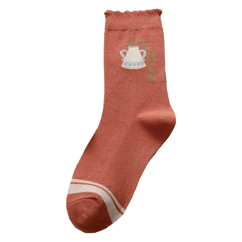 Sweet Kawaii Cartoon Print Floral Socks