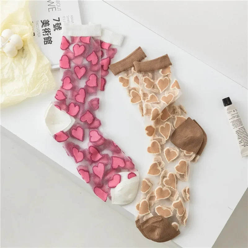 Crystal Heart Print Ultra Thin Socks
