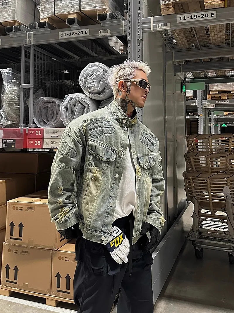 Lightweight Retro Distressed Padded Denim Jacket