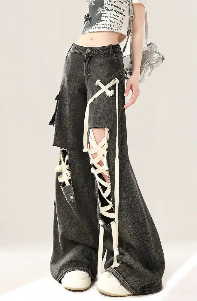 Black Strap Ripped Wide Jeans