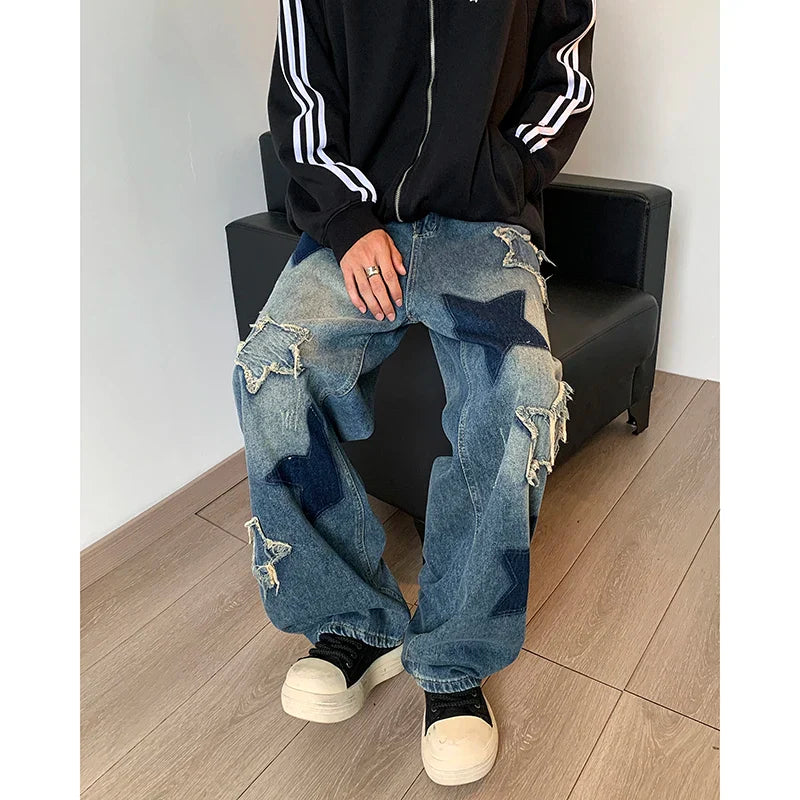 Embroidered Star Patchwork Wide Leg Jeans