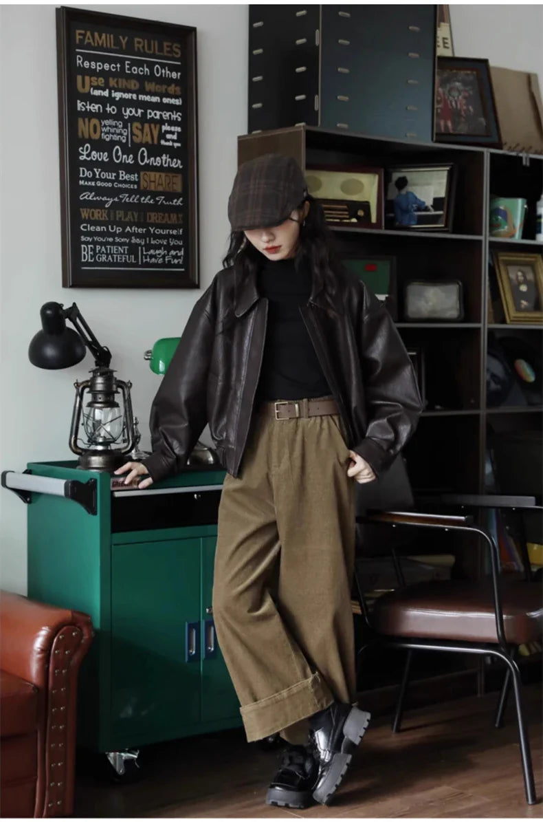 Classic Brown Handsome Short PU Leather Jacket