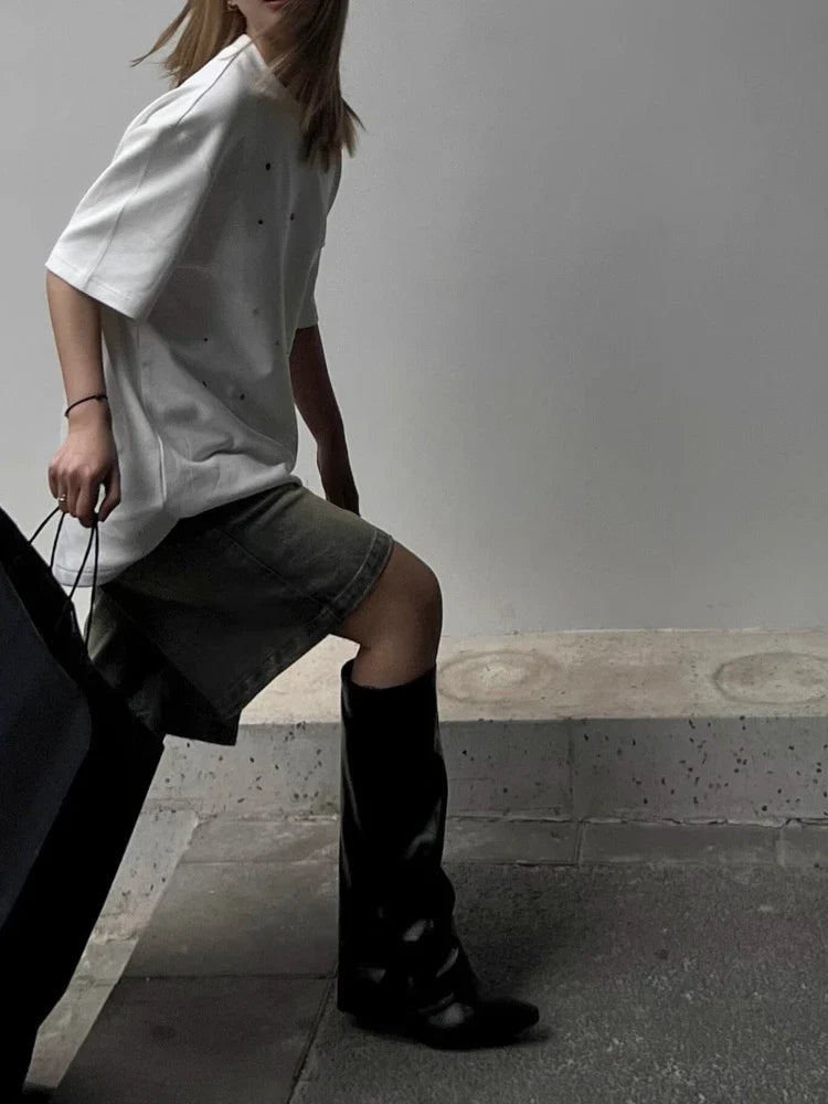 Pantaloncini di jeans da donna a vita alta, stile streetwear
