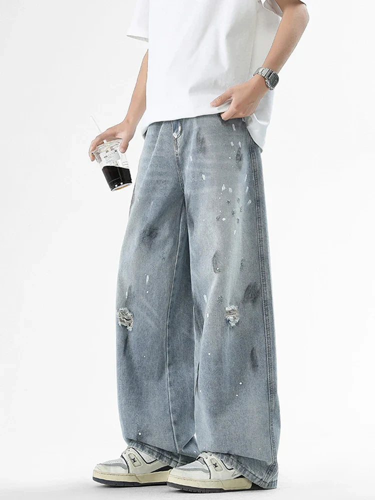 Ripped Baggy Graffiti Printed Denim Jeans
