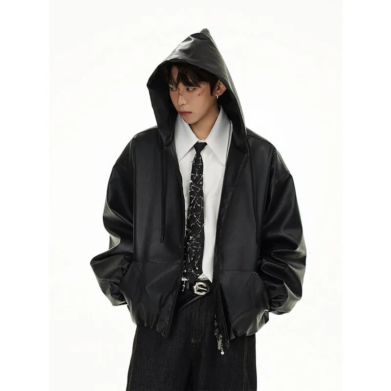 Classic Vintage Bomber Hooded PU Leather Jacket
