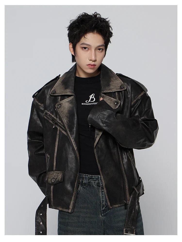 Streetwear Retro Distressed Black Leather Jacket