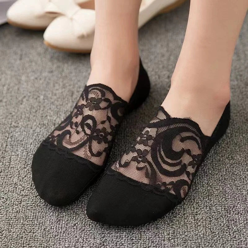 Breathable Lace Slipper School Socks Black