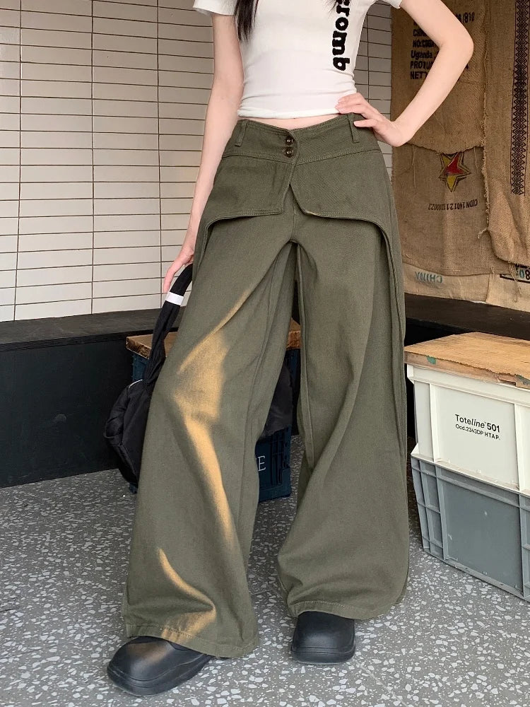 Vintage Army Green Patchwork Baggy Jeans