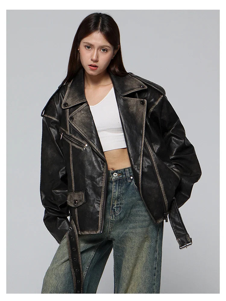 Streetwear Retro Distressed Black Leather Jacket